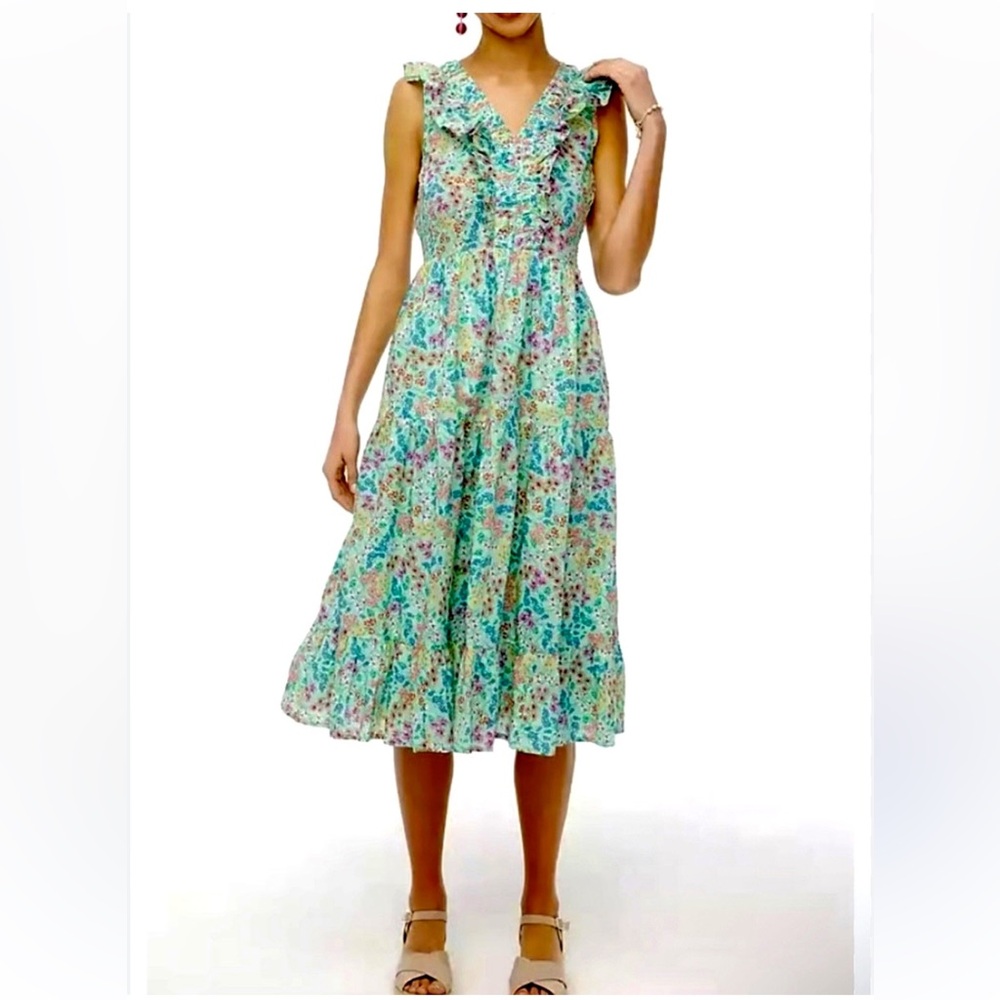 J. Crew Floral Midi Dress in Blue and Pink With Pockets. Size XS